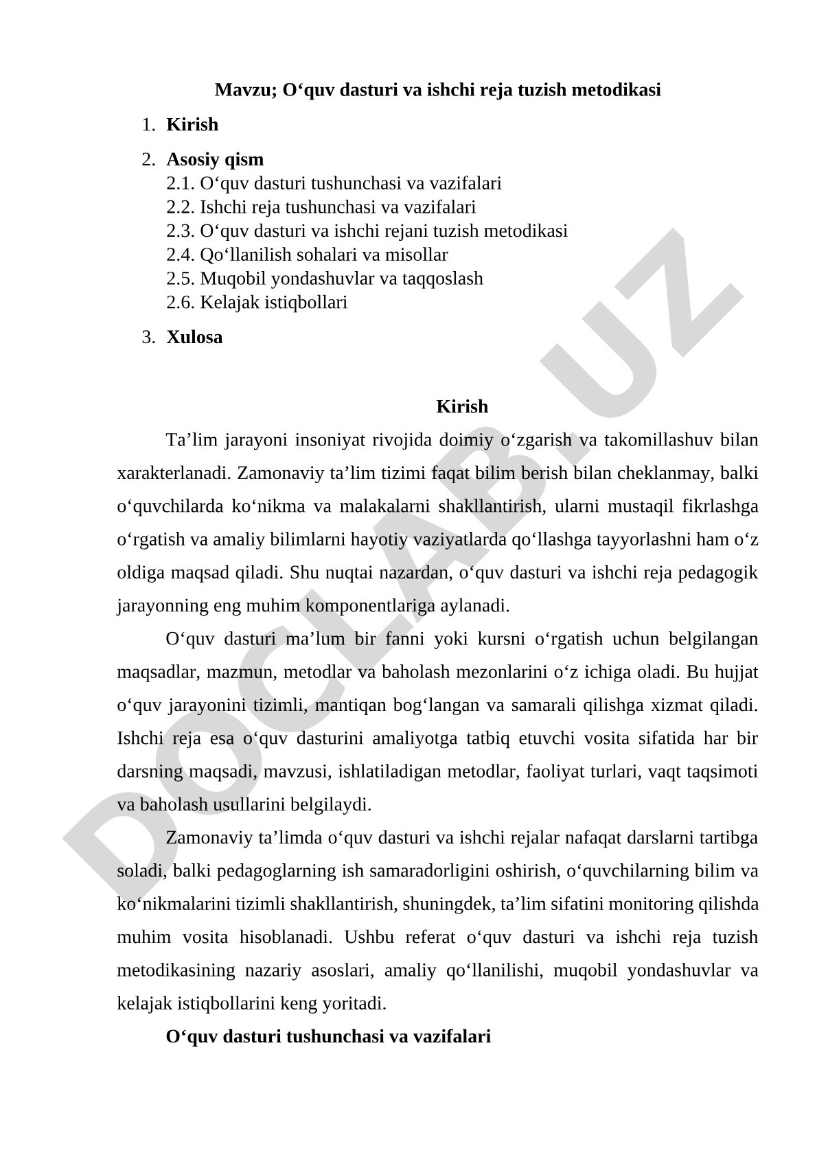 O‘quv dasturi va ishchi reja tuzish metodikasi
