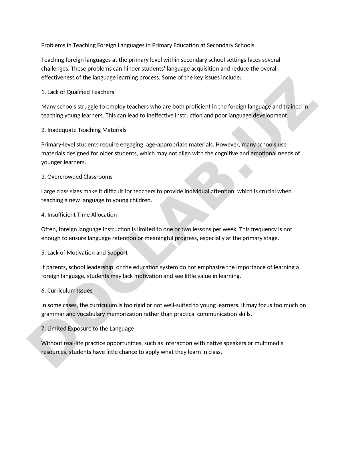 Problems in Teaching Foreign Languages in Primary Education at Secondary Schools