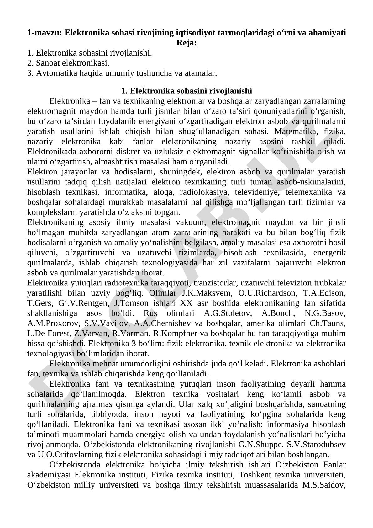 Elektronika sohasi rivojining iqtisodiyot tarmoqlaridagi o‘rni va ahamiyati