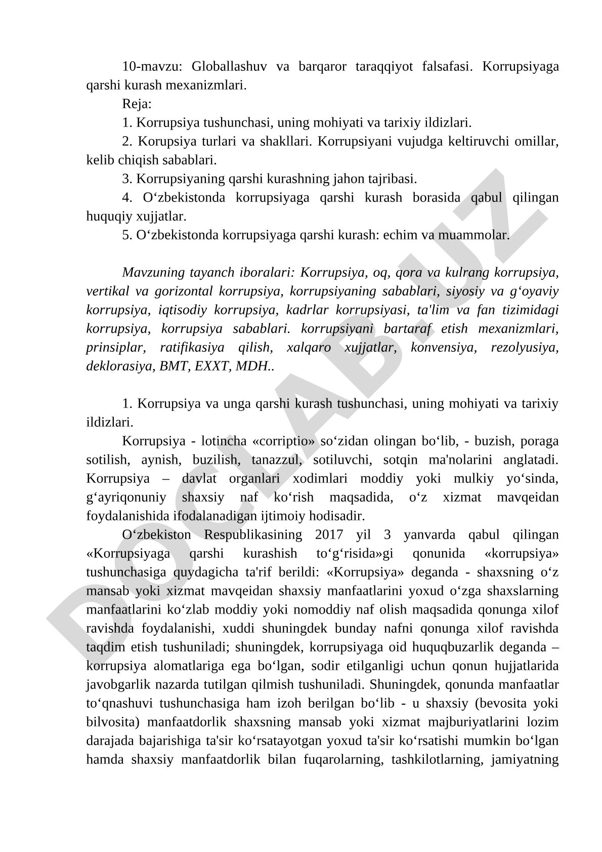 Globallashuv va barqaror taraqqiyot falsafasi. Korrupsiyaga qarshi kurash mexanizmlari