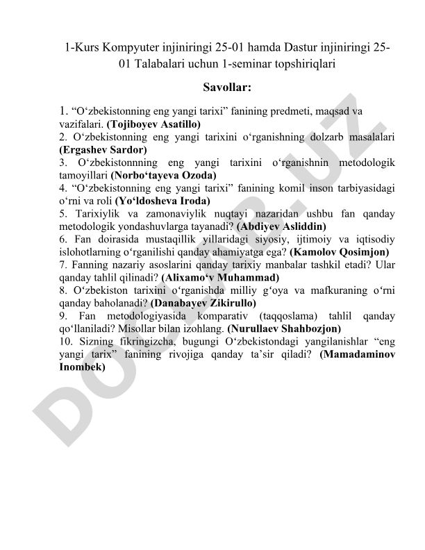 O‘zbekistonning eng yangi tarixi fanining predmeti, maqsad va vazifalari
