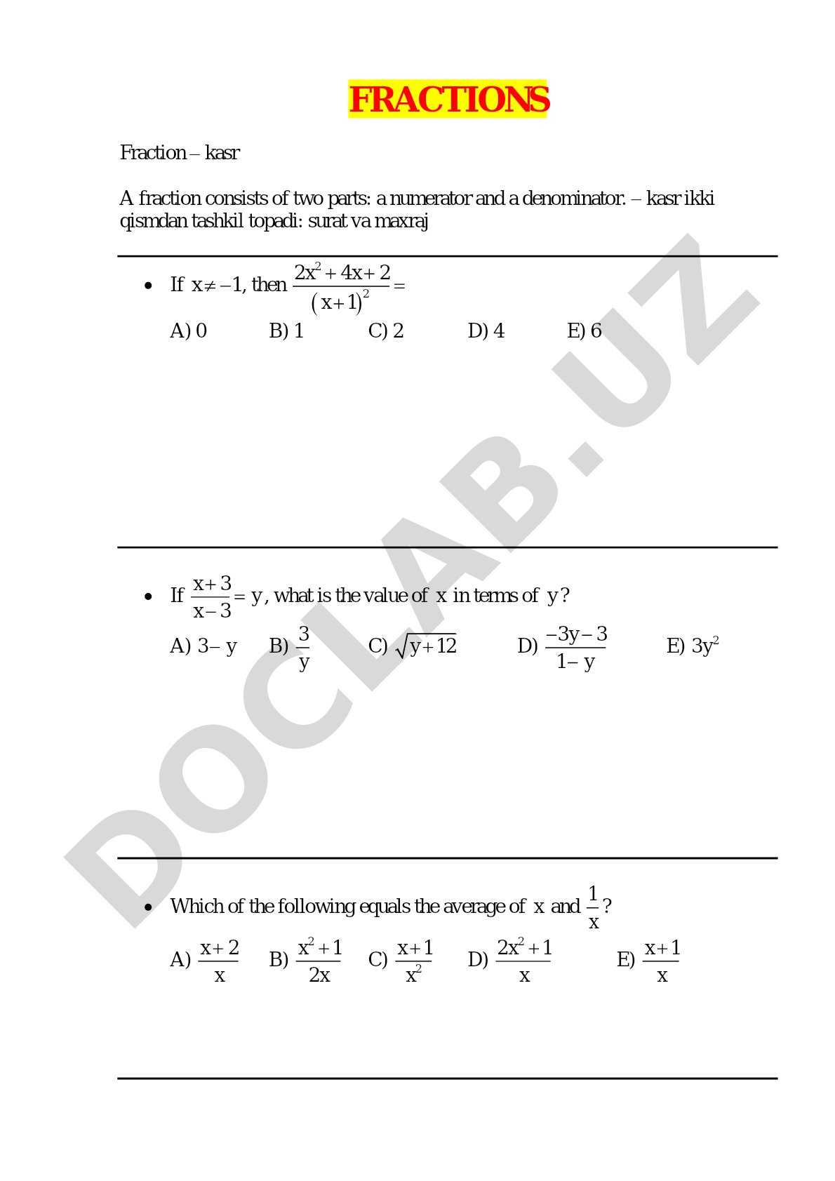 Fractions and Decimals Practice Questions