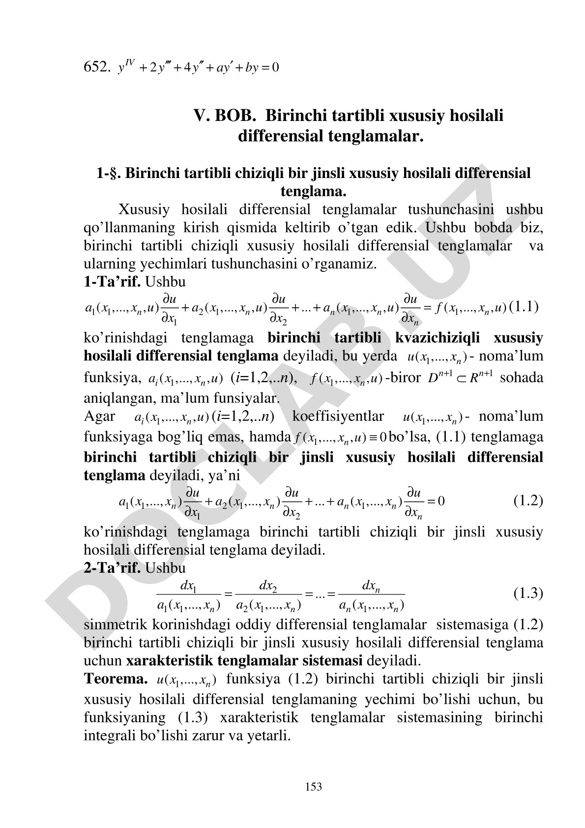 V. BOB. Birinchi tartibli xususiy hosilali differensial tenglamalar