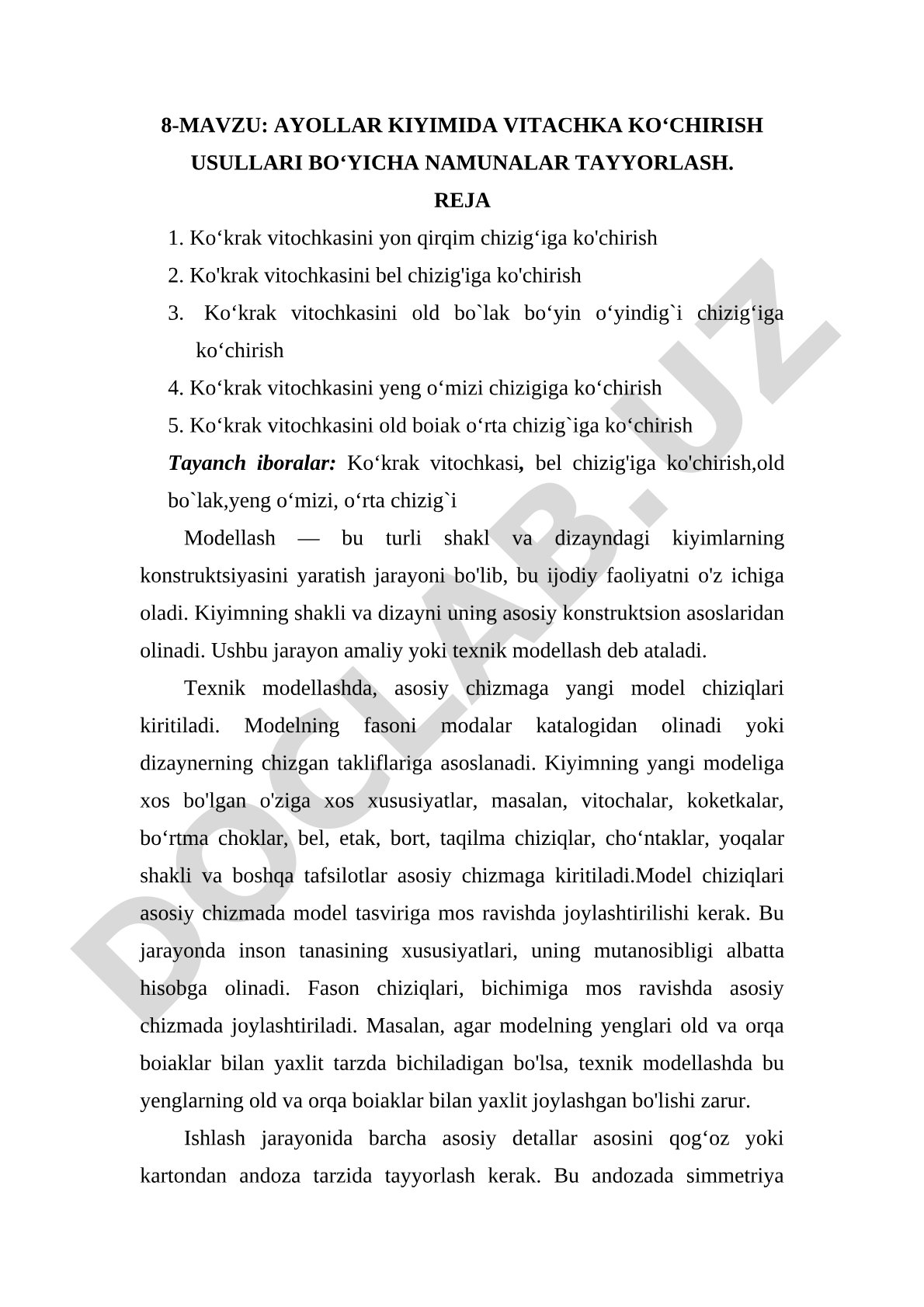 AYOLLAR KIYIMIDA VITACHKA KO‘CHIRISH USULLARI BO‘YICHA NAMUNALAR TAYYORLASH