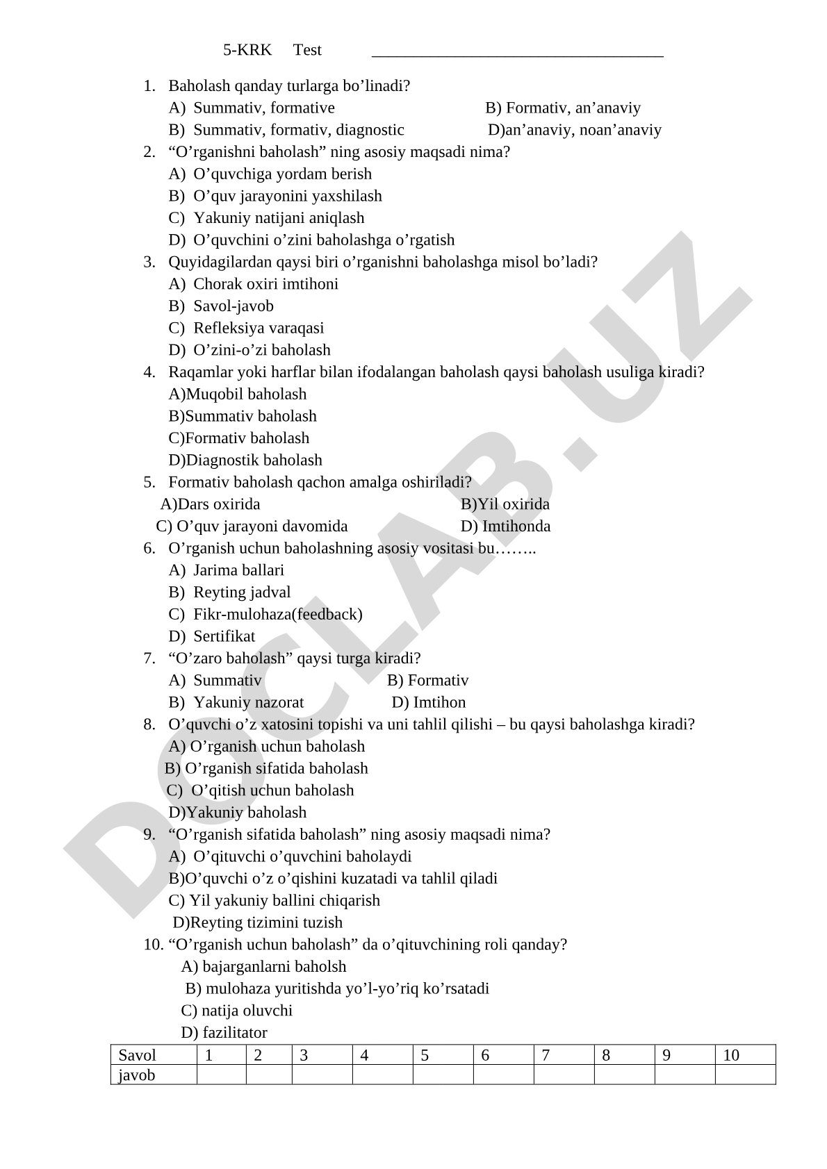 Baholash turlari va o‘rganishni baholash testi