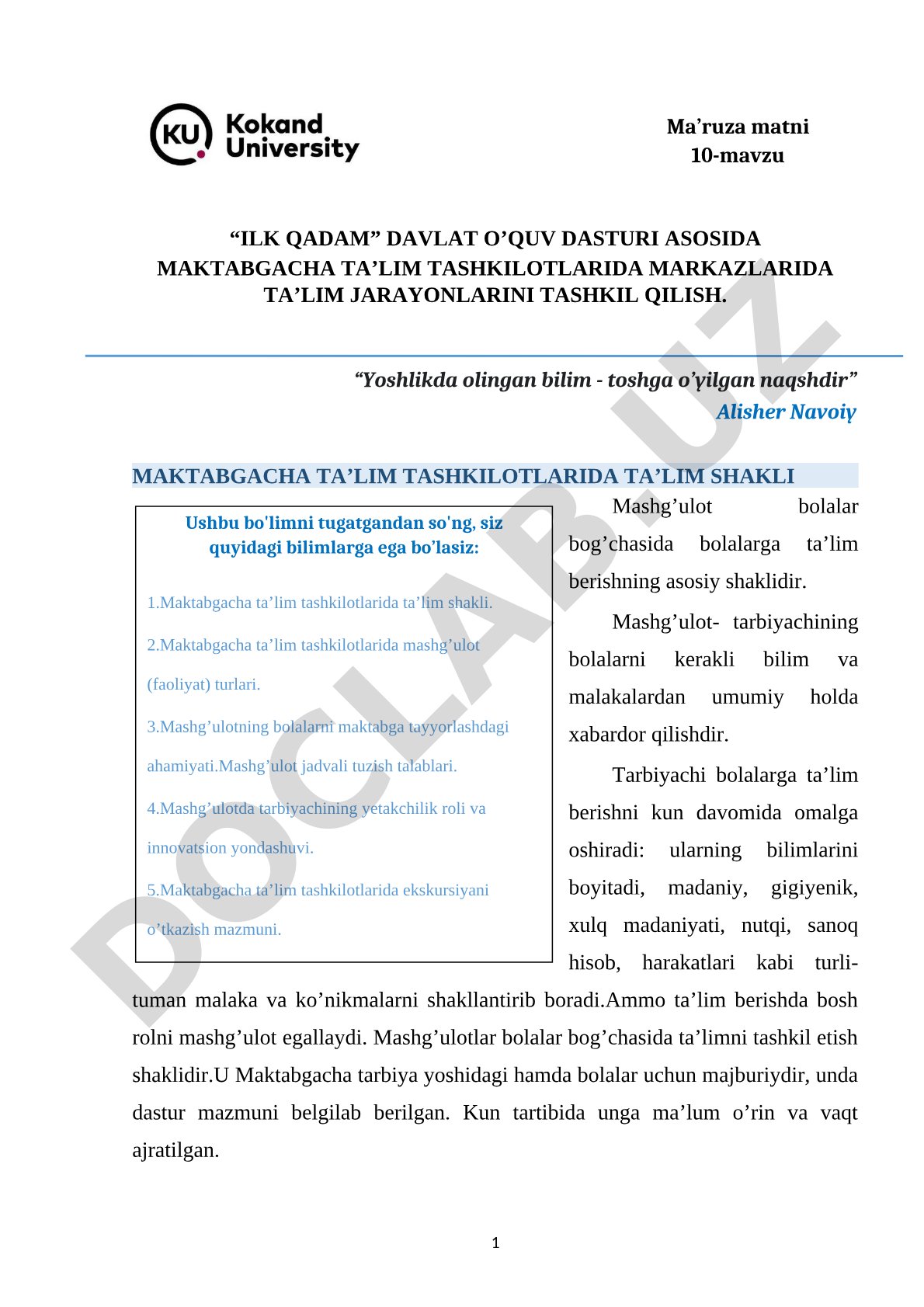 “ILK QADAM” DAVLAT O’QUV DASTURI ASOSIDA MAKTABGACHA TA’LIM TASHKILOTLARIDA MARKAZLARIDA TA’LIM JARAYONLARINI TASHKIL QILISH