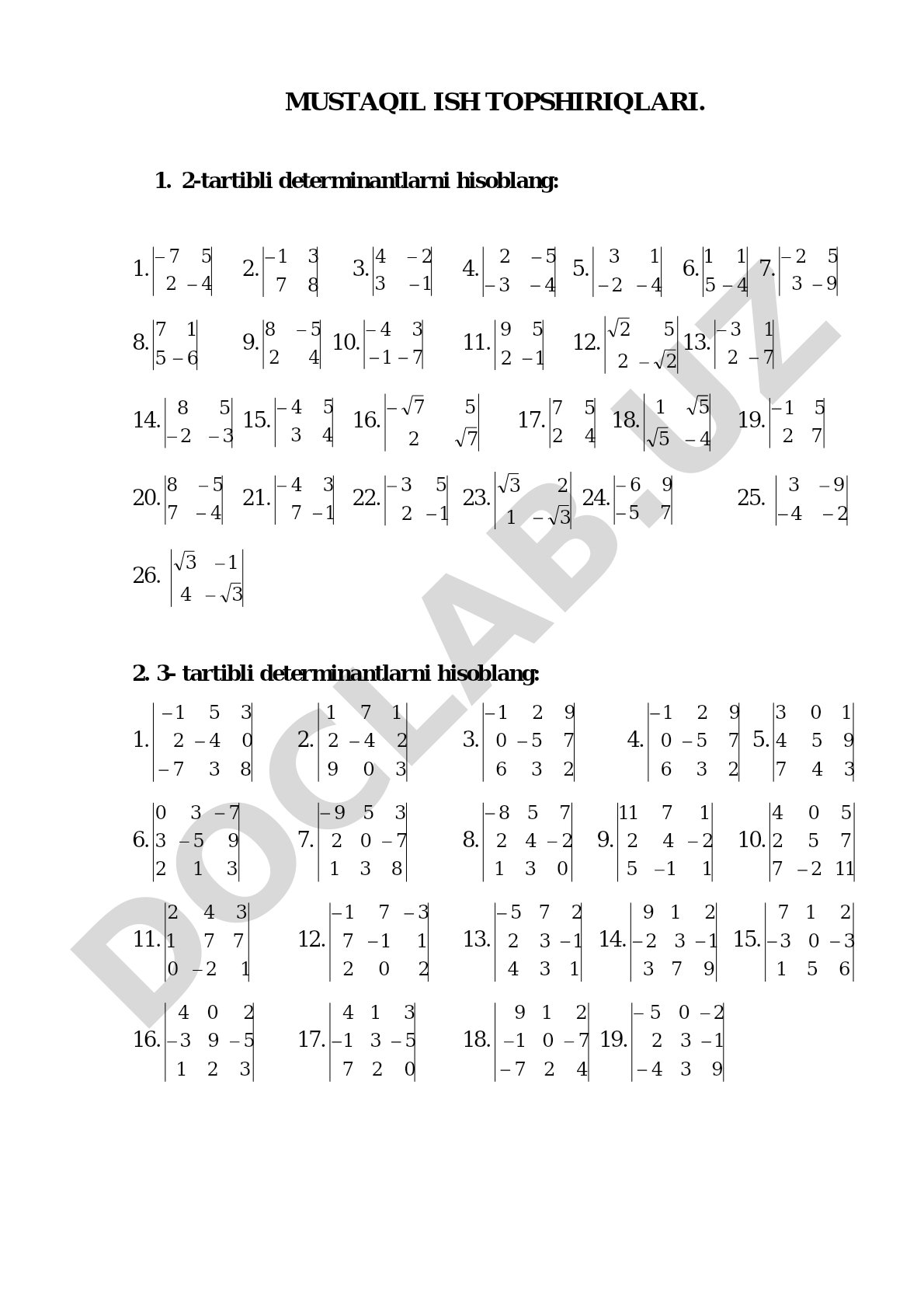 2, 3 va 4-tartibli determinantlarni hisoblash uchun topshiriqlar