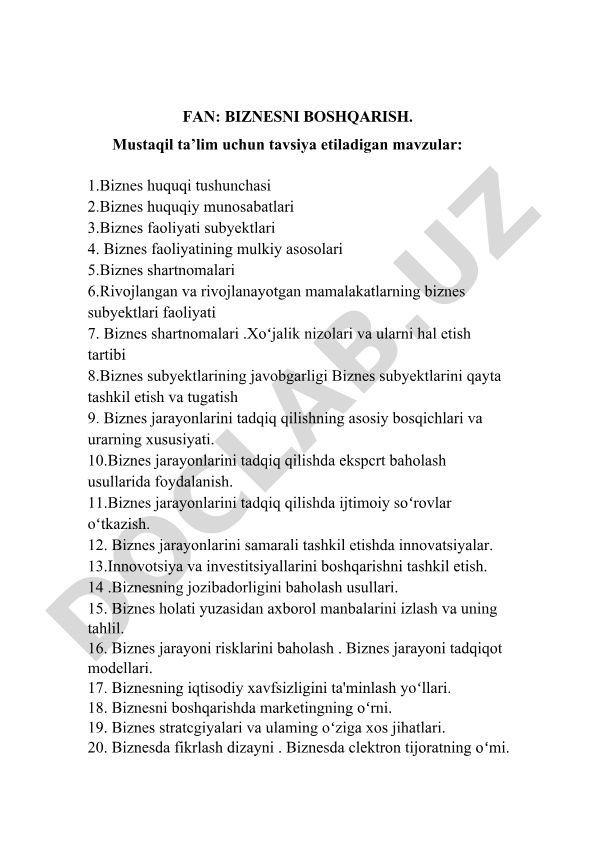 Biznesni boshqarish fanidan mustaqil ta'lim mavzulari