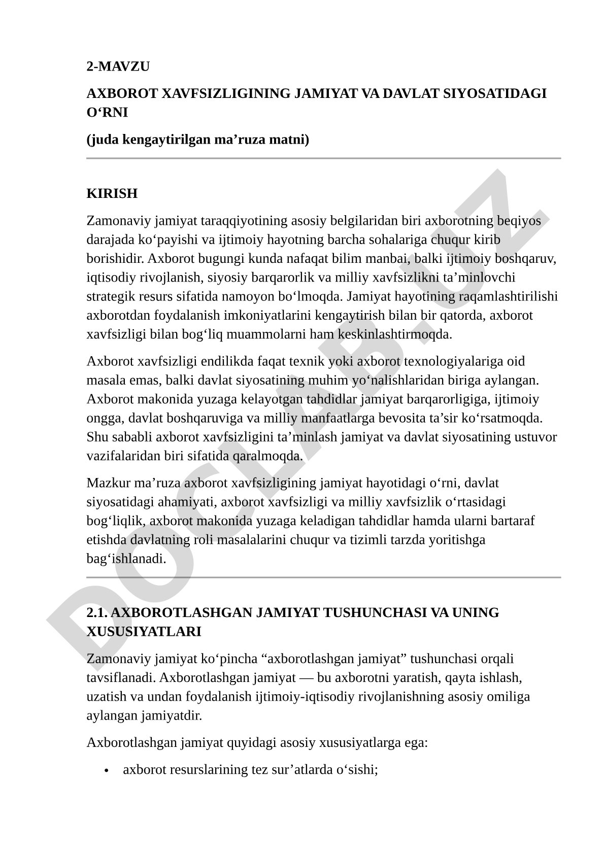 2-mavzu axborot xavfsizligining jamiyat va davlat siyosatidagi o‘rni