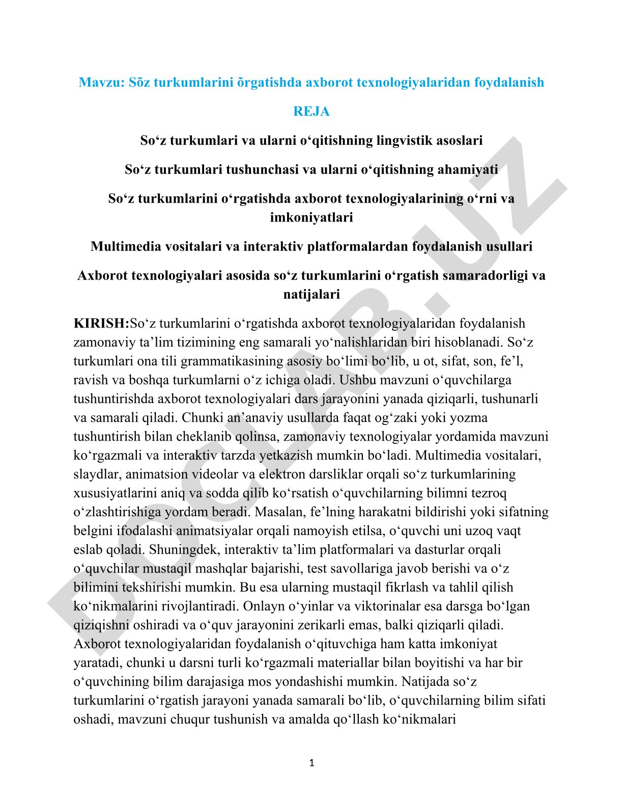 So'z turkumlarini o'rgatishda axborot texnologiyalaridan foydalanish