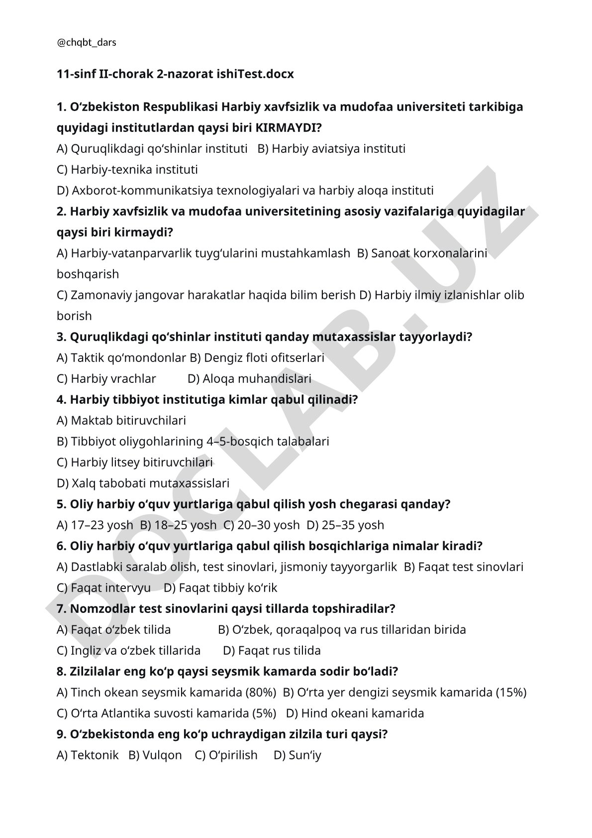 11-sinf II-chorak 2-nazorat ishi test