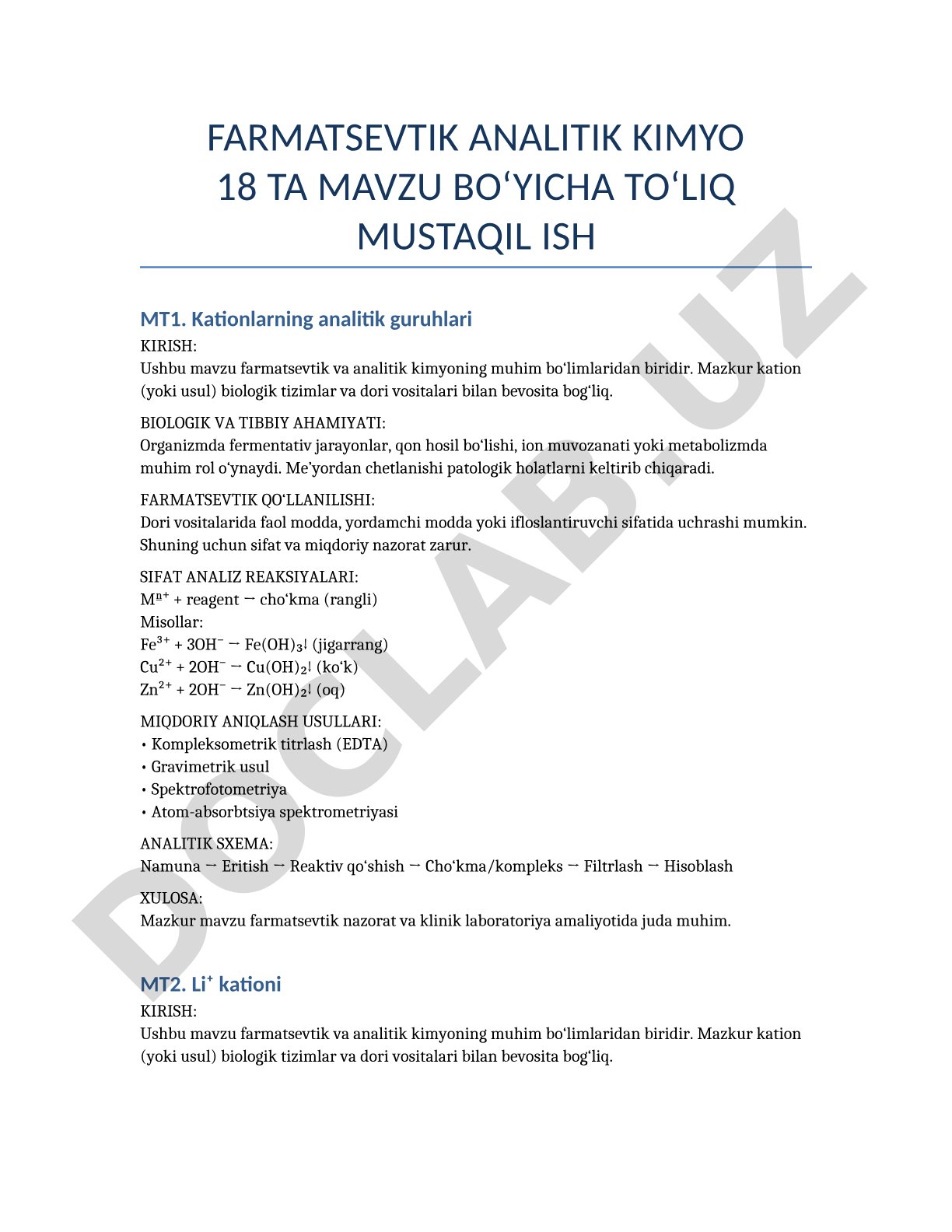 Farmatsevtik analitik kimyoda kationlarning analitik guruhlari