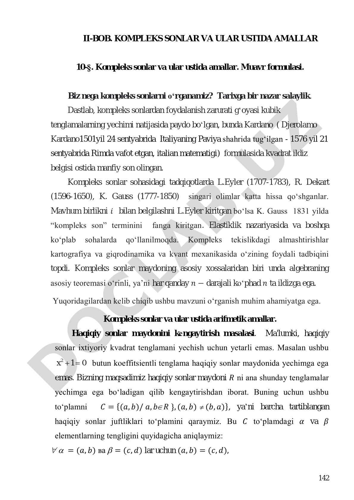 Kompleks sonlar va ular ustida amallar. Muavr formulasi