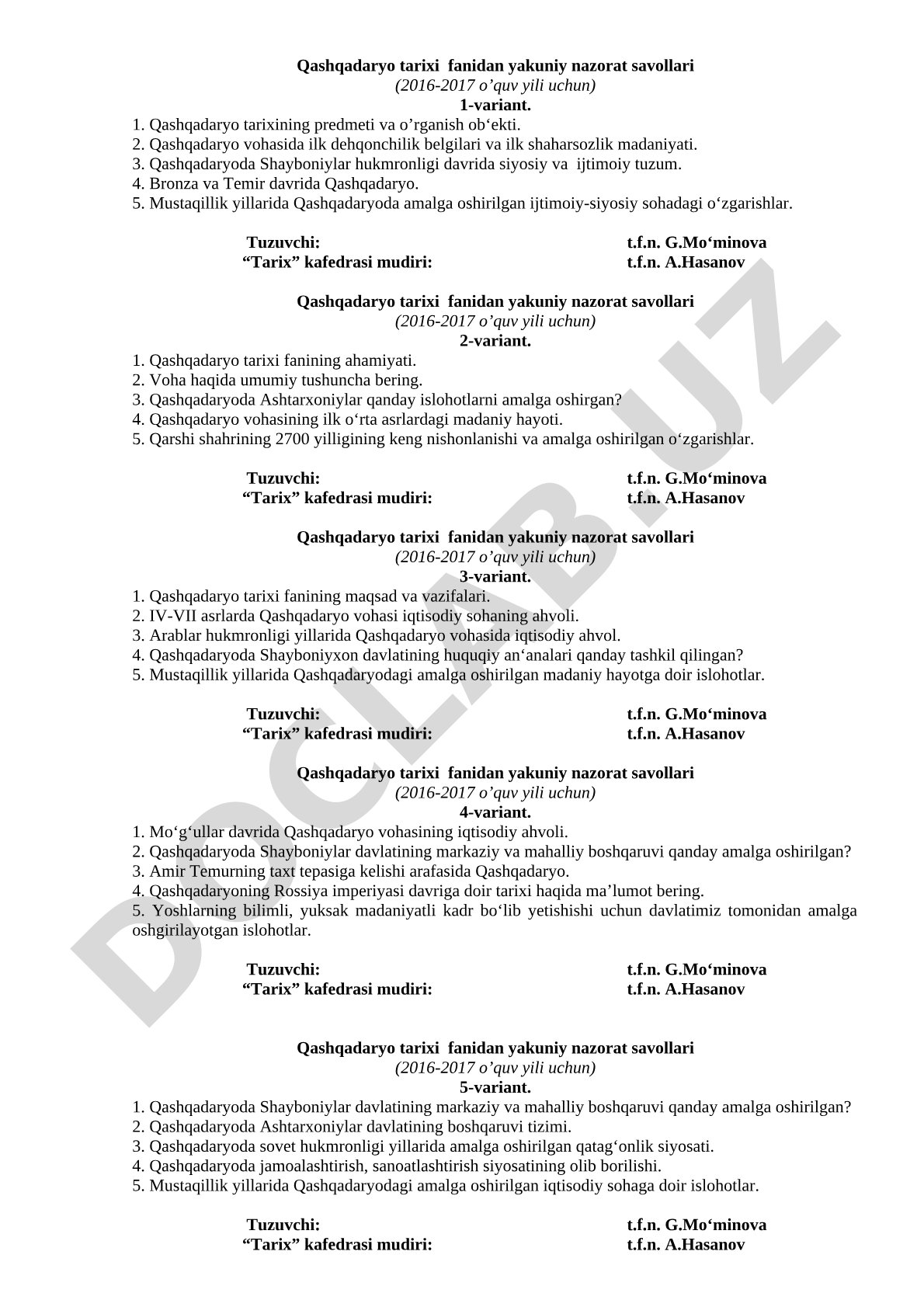 Qashqadaryo tarixi fanidan yakuniy nazorat savollari