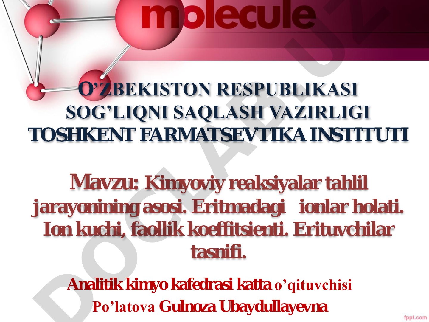 Kimyoviy reaksiyalar tahlil jarayonining asosi. Eritmadagi ionlar holati. Ion kuchi, faollik koeffitsienti. Erituvchilar tasnifi.