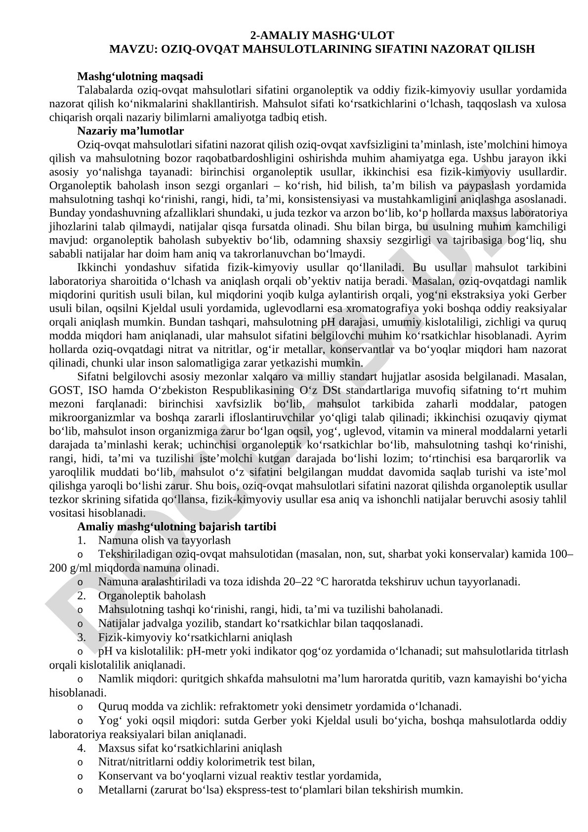Oziq-ovqat mahsulotlarining sifatini nazorat qilish