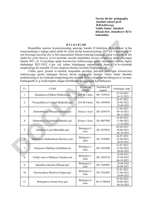 Koronavirus infeksiyasiga qarshi emlangan talabalarga stipendiyasiz bazaviy to'lov-kontrakt miqdorlariga chegirma berish