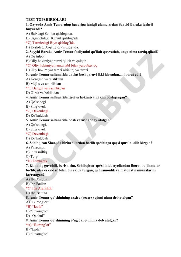 Amir Temur tarixi va saltanat tuzilishi test savollari