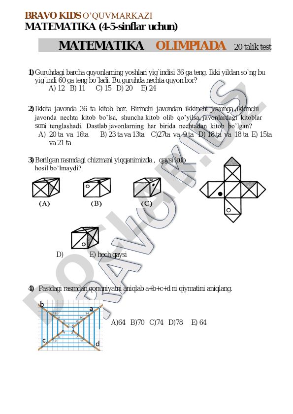 4-5-sinflar uchun matematika olimpiada testlari
