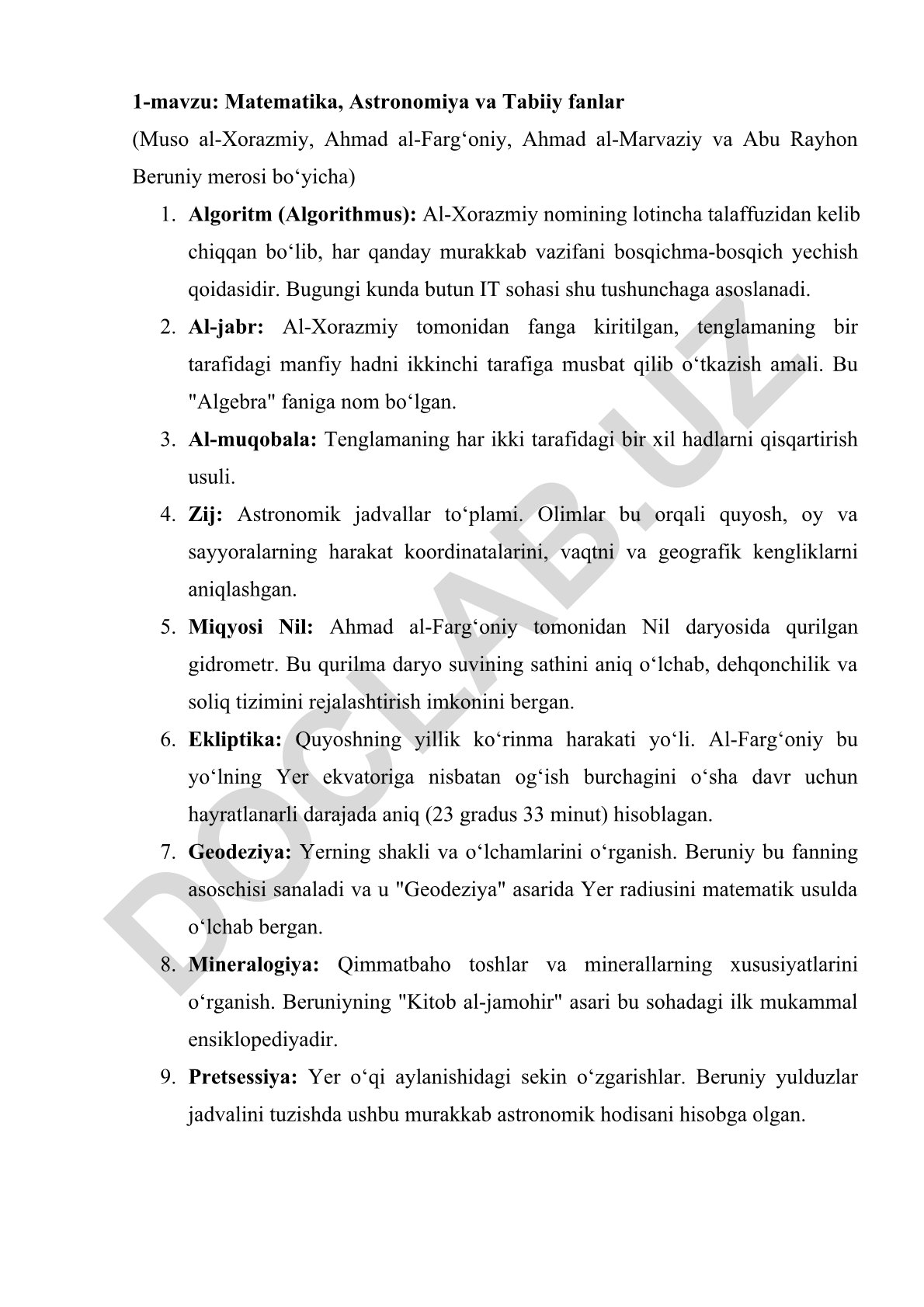Matematika, Astronomiya va Tabiiy fanlar (Muso al-Xorazmiy, Ahmad al-Farg‘oniy, Ahmad al-Marvaziy va Abu Rayhon Beruniy merosi)