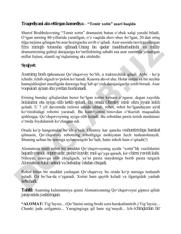 Tragediyani aks ettirgan komediya – “Temir xotin” asari haqida