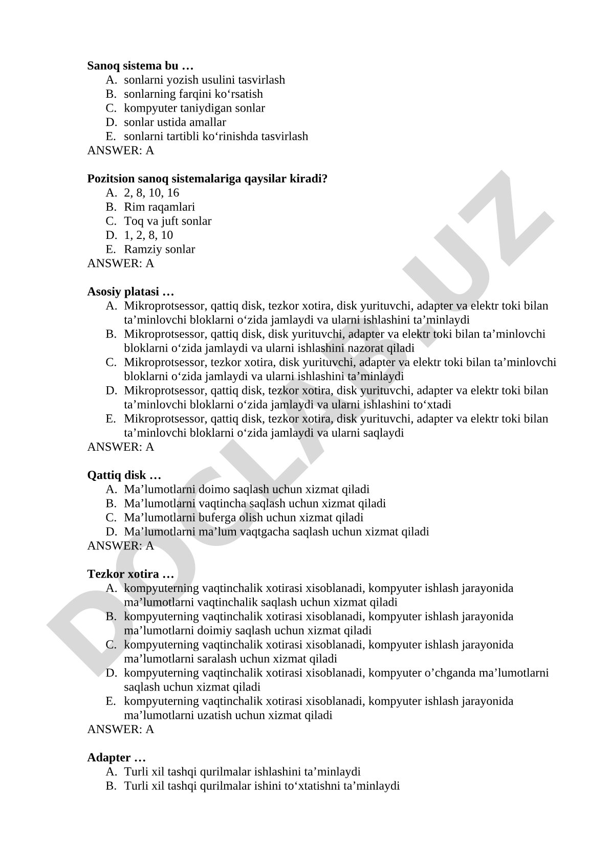 Sanoq sistemalari va kompyuter qurilmalari bo'yicha testlar