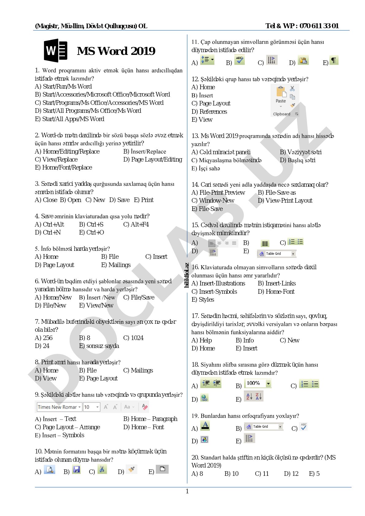 Microsoft Word proqramı üzrə test sualları