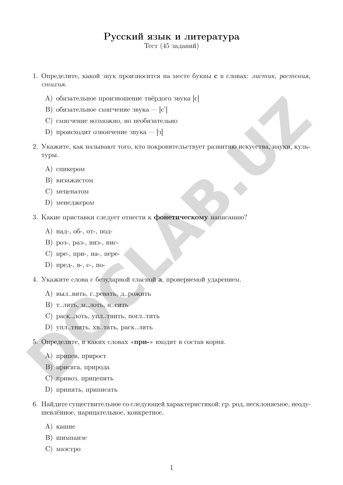 Русский язык и литература Тест (45 заданий)