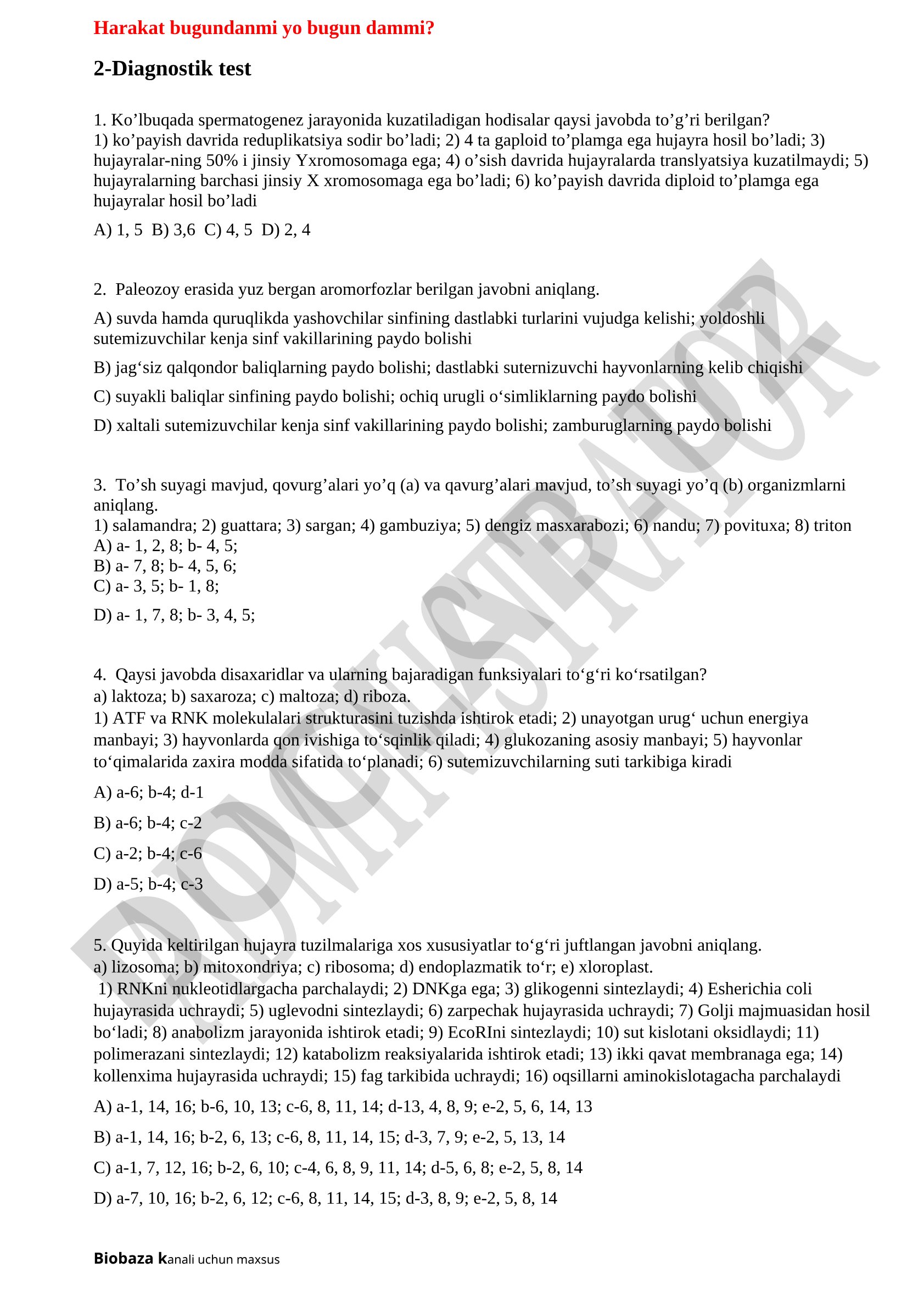 Biologiyadan diagnostik test: spermatogenez, paleozoy va skelet