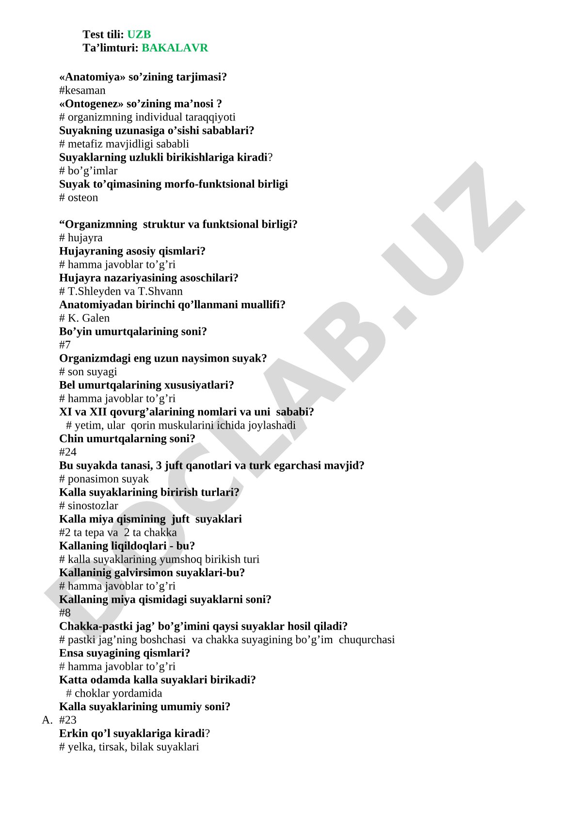 Anatomiya fanidan test savollari