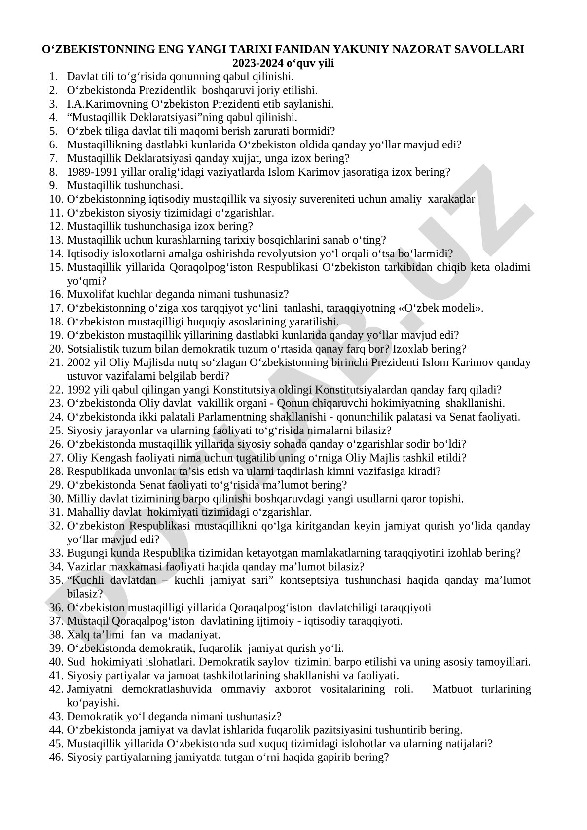 O‘zbekistonning eng yangi tarixi fanidan yakuniy nazorat savollari