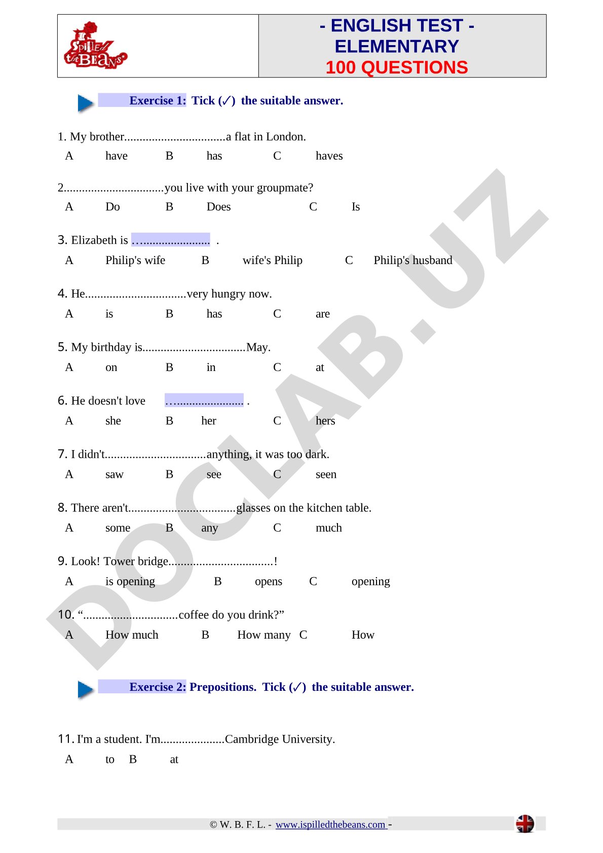 English Grammar Prepositions and Irregular Verbs Exercises