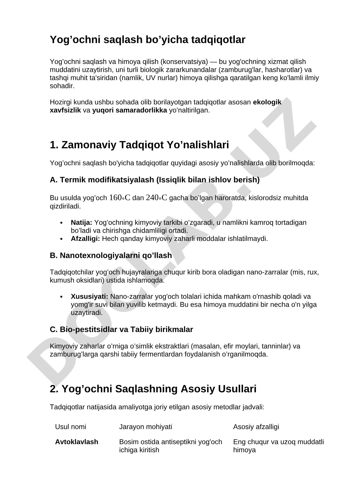Yog’ochni saqlash bo’yicha tadqiqotlar