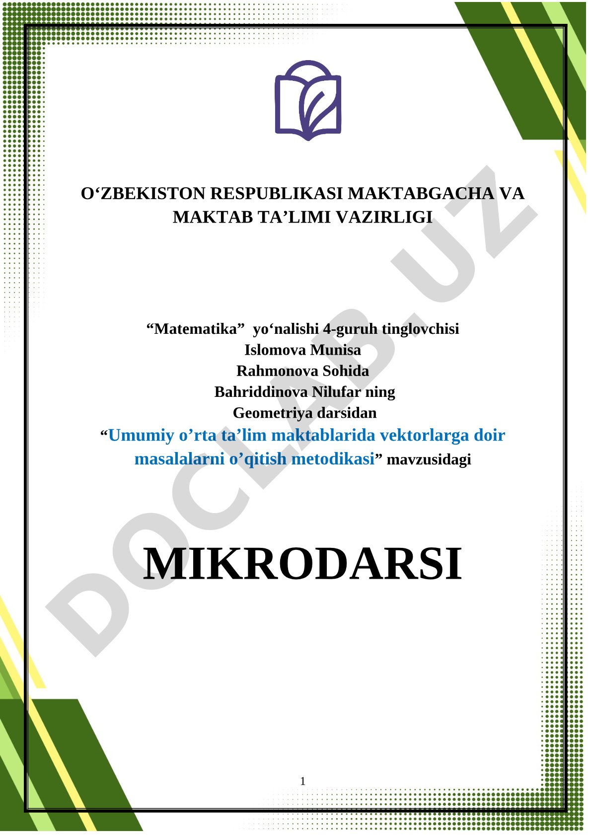 Umumiy o‘rta ta’lim maktablarida vektorlarga doir masalalarni o‘qitish metodikasi