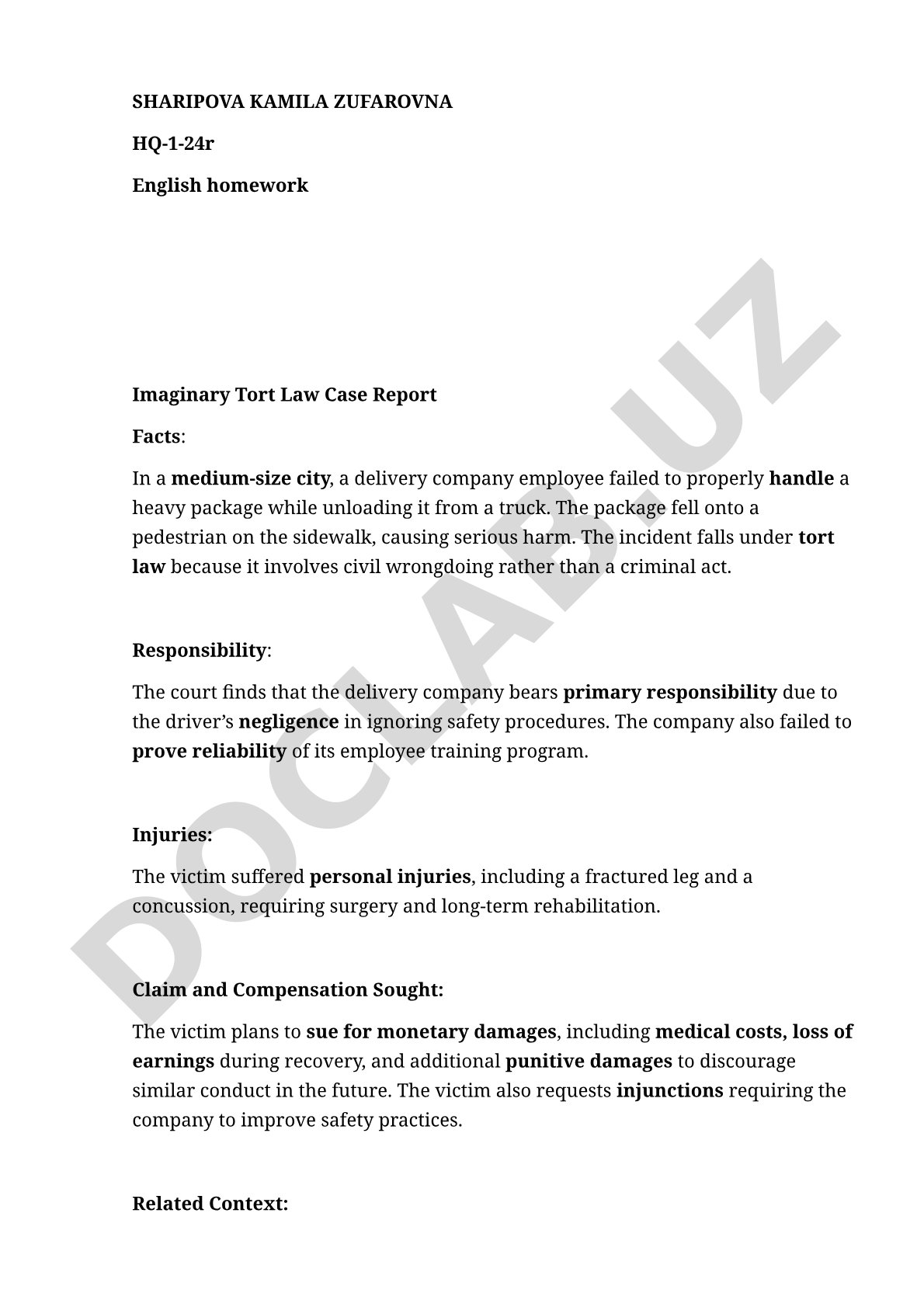Imaginary Tort Law Case Report