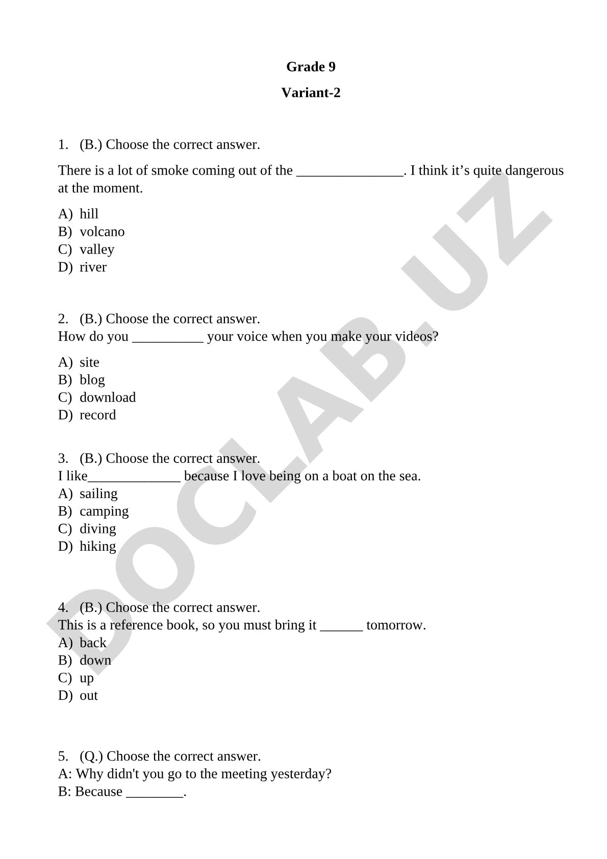 Grade 9 English Test Variant 2