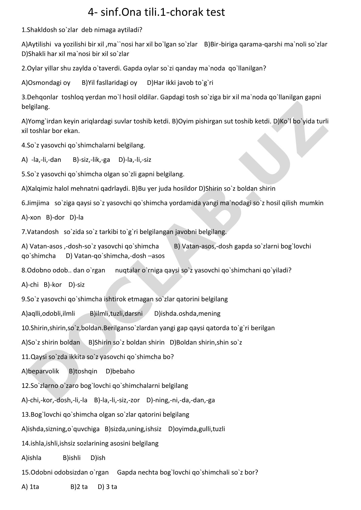 4-sinf Ona tili 1-chorak test 1