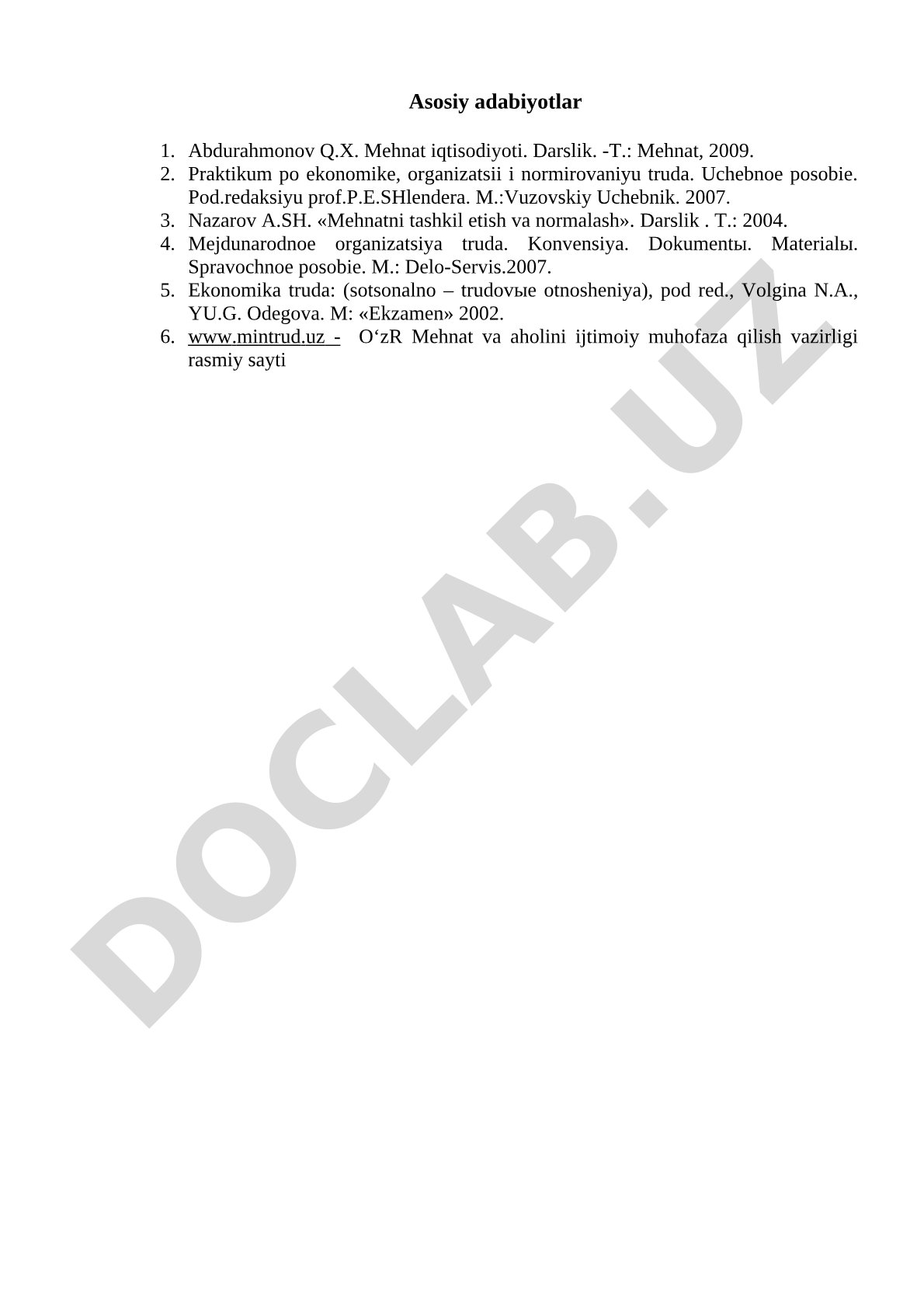 Mehnat iqtisodiyoti asosiy adabiyotlar