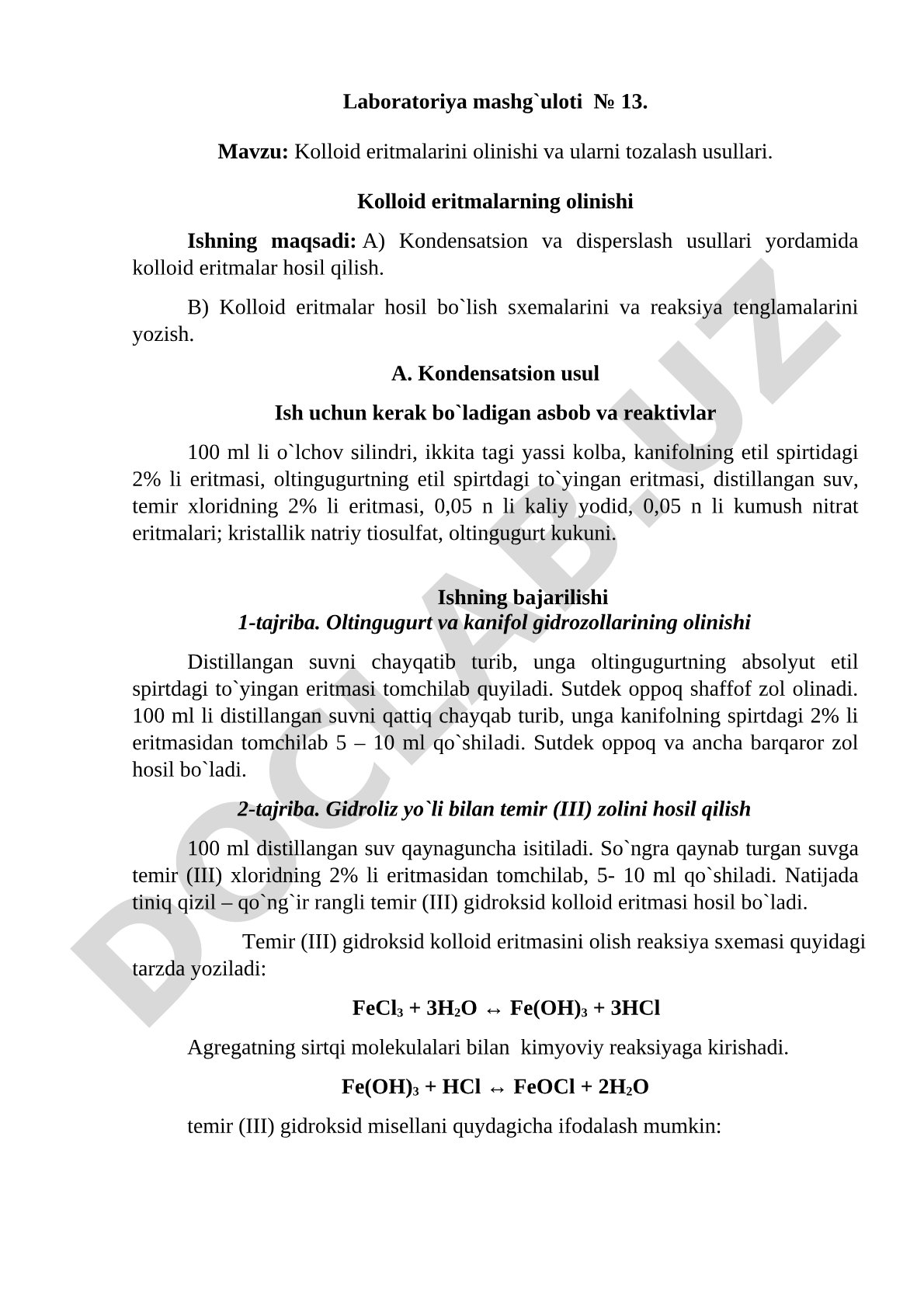 Kolloid eritmalarini olinishi va ularni tozalash usullari