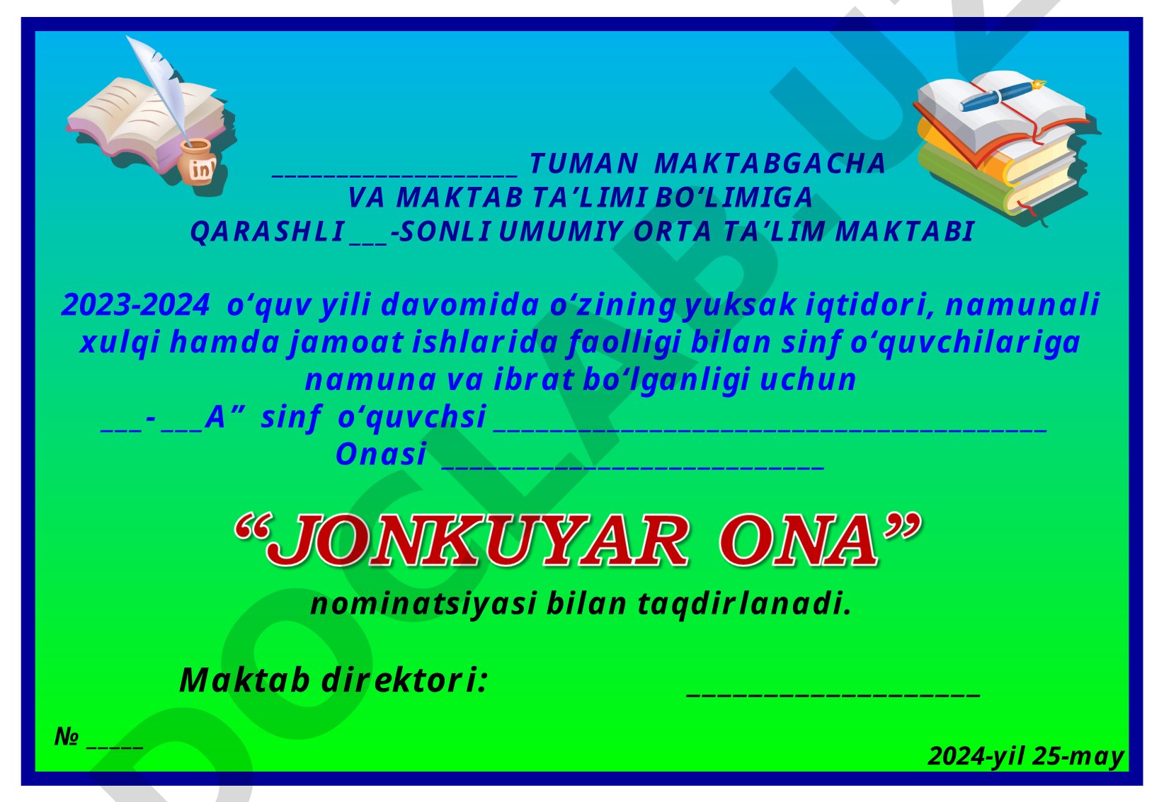 O‘quvchini yuksak iqtidori va namunali xulqi uchun taqdirlash