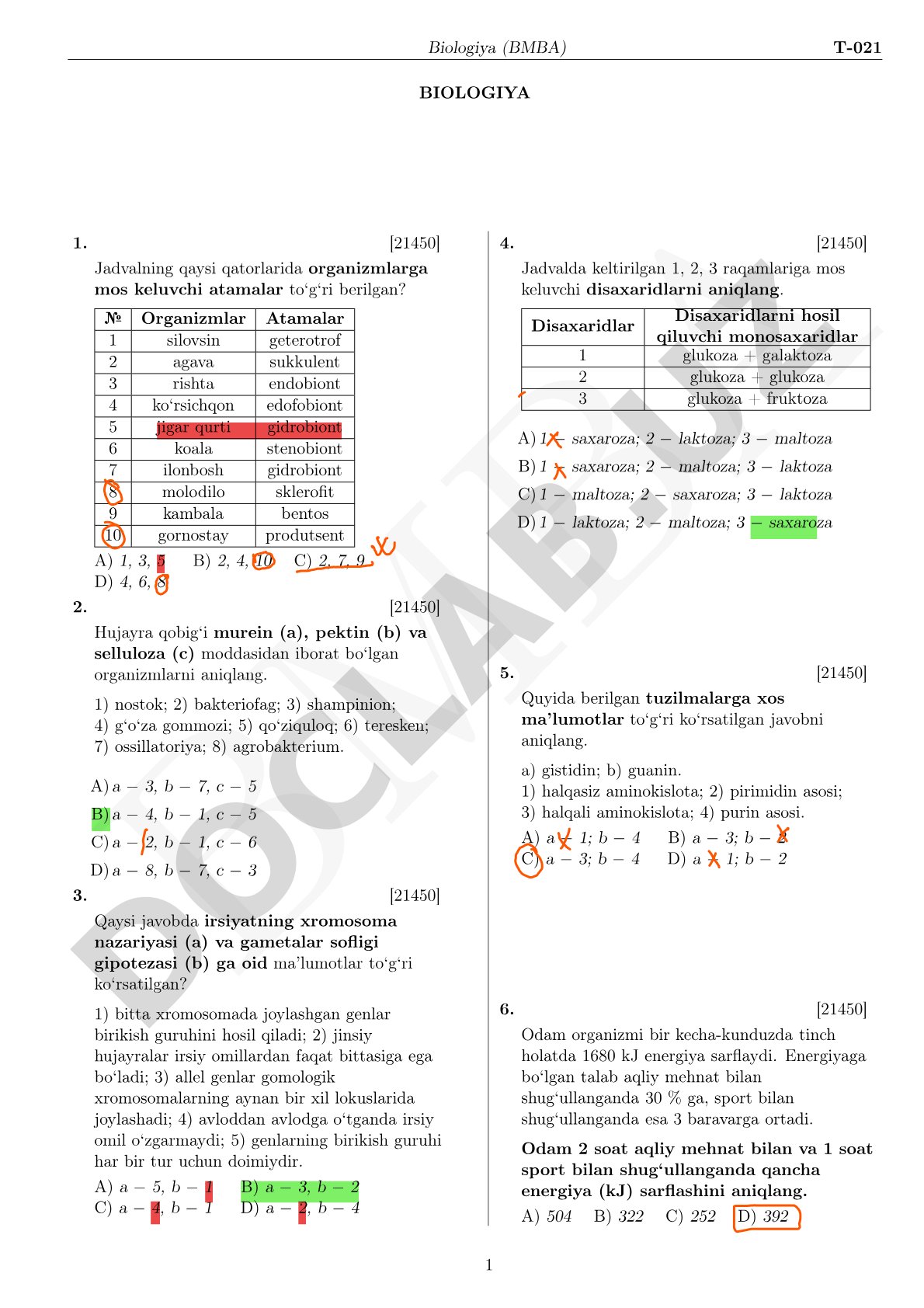 Biologiya fanidan test savollari
