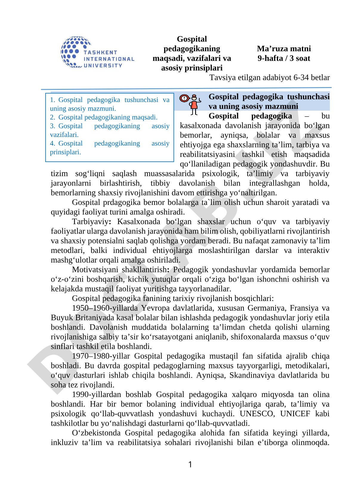 Gospital pedagogikaning maqsadi, vazifalari va asosiy prinsiplari