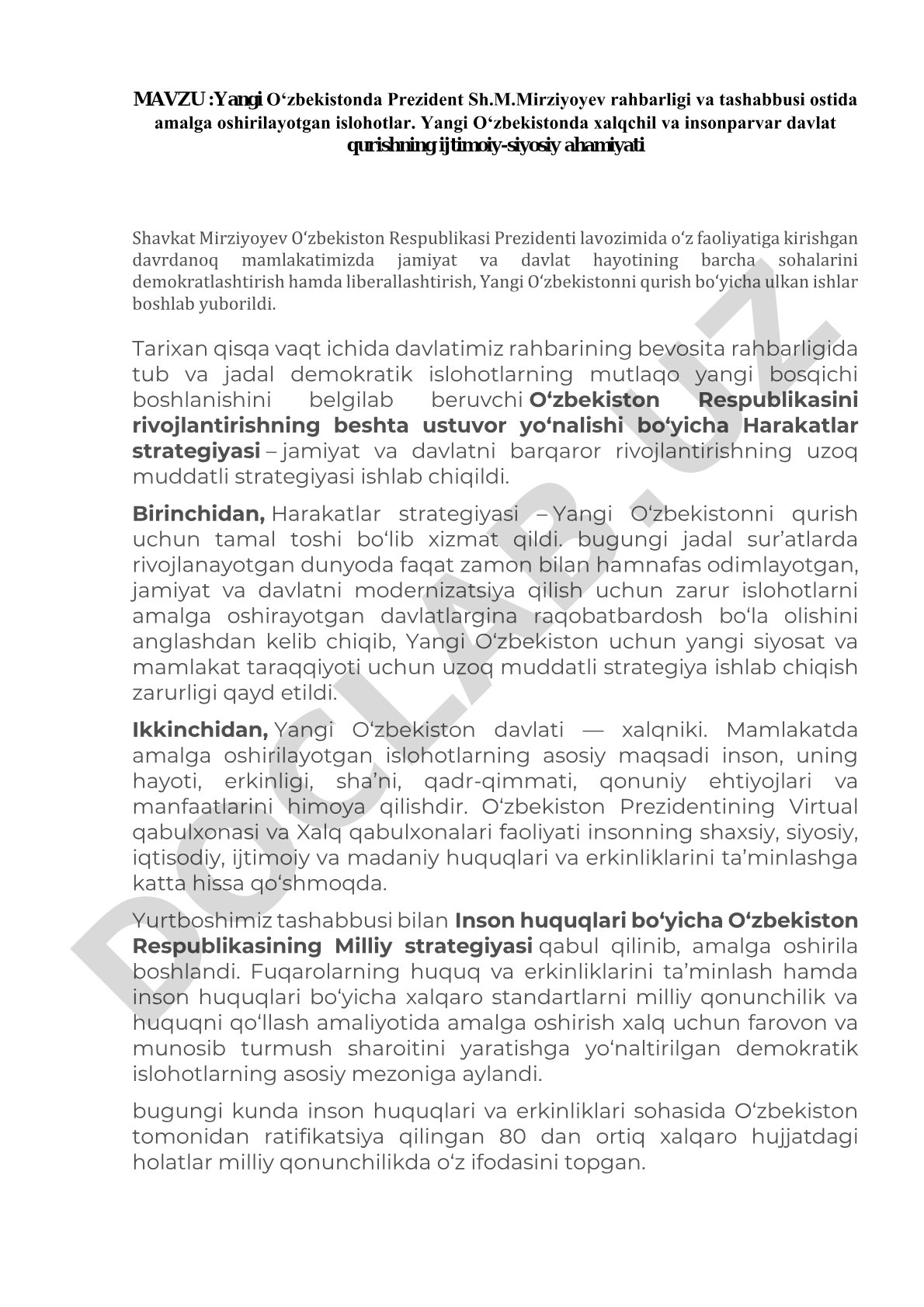 Yangi O‘zbekistonda Prezident Sh.M.Mirziyoyev rahbarligi va tashabbusi ostida amalga oshirilayotgan islohotlar