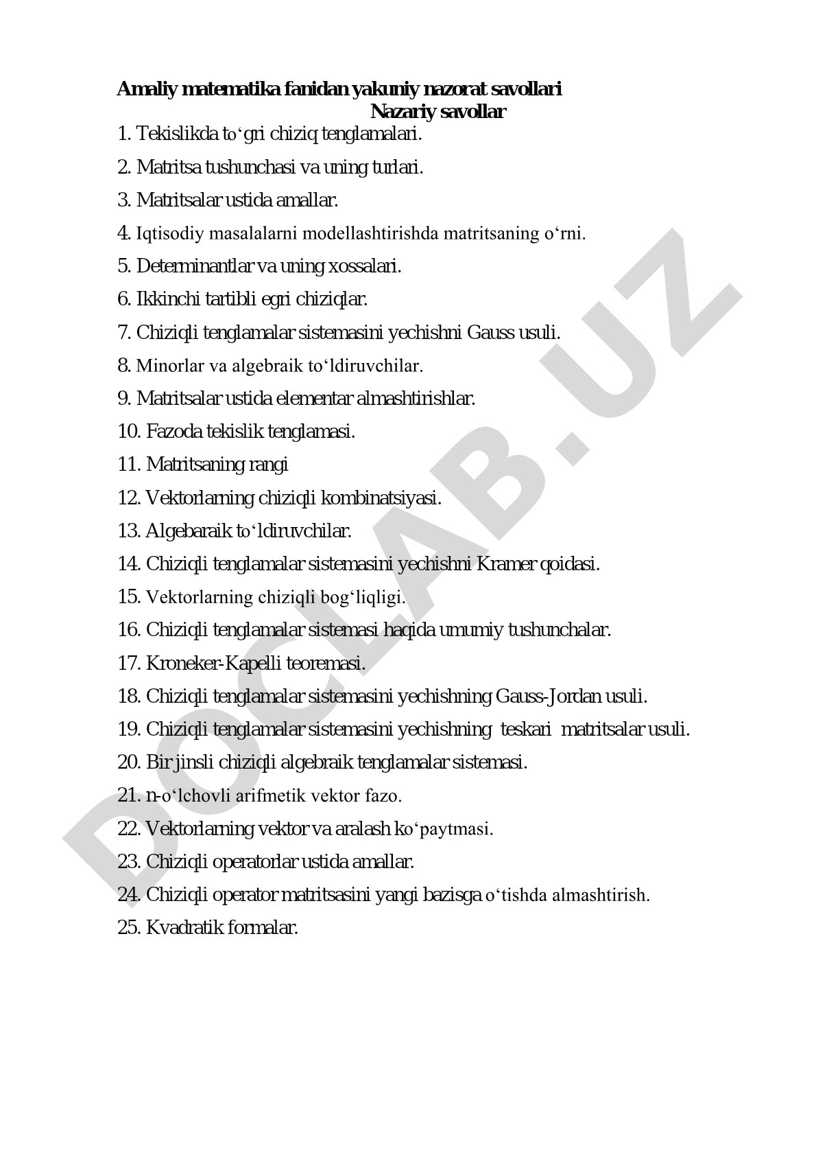 Amaliy matematika fanidan yakuniy nazorat savollari