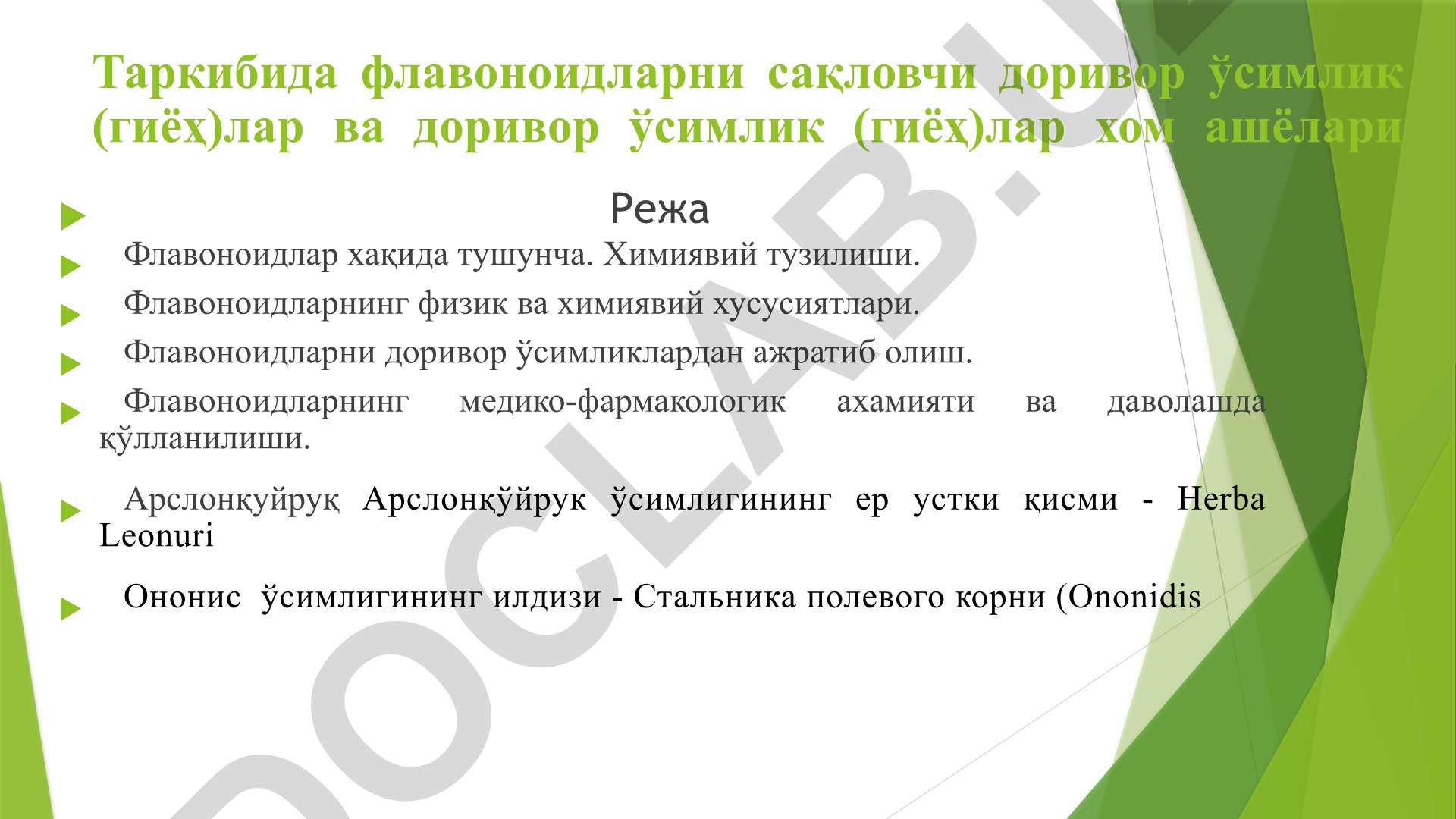 Флавоноидларнинг доривор ўсимликлардан ажратиб олиш ва медико-фармакологик ахамияти