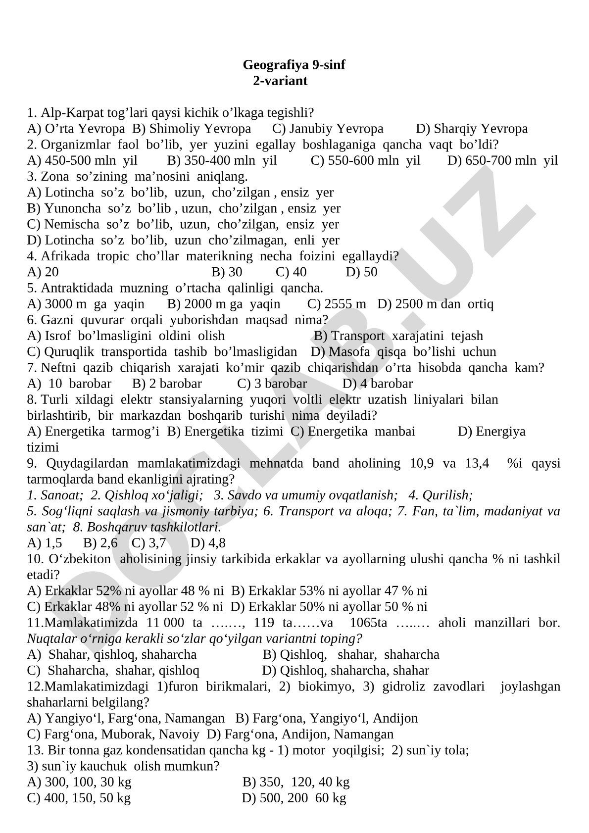 Geografiya 9-sinf 2-variant test savollari javob variantlari bilan