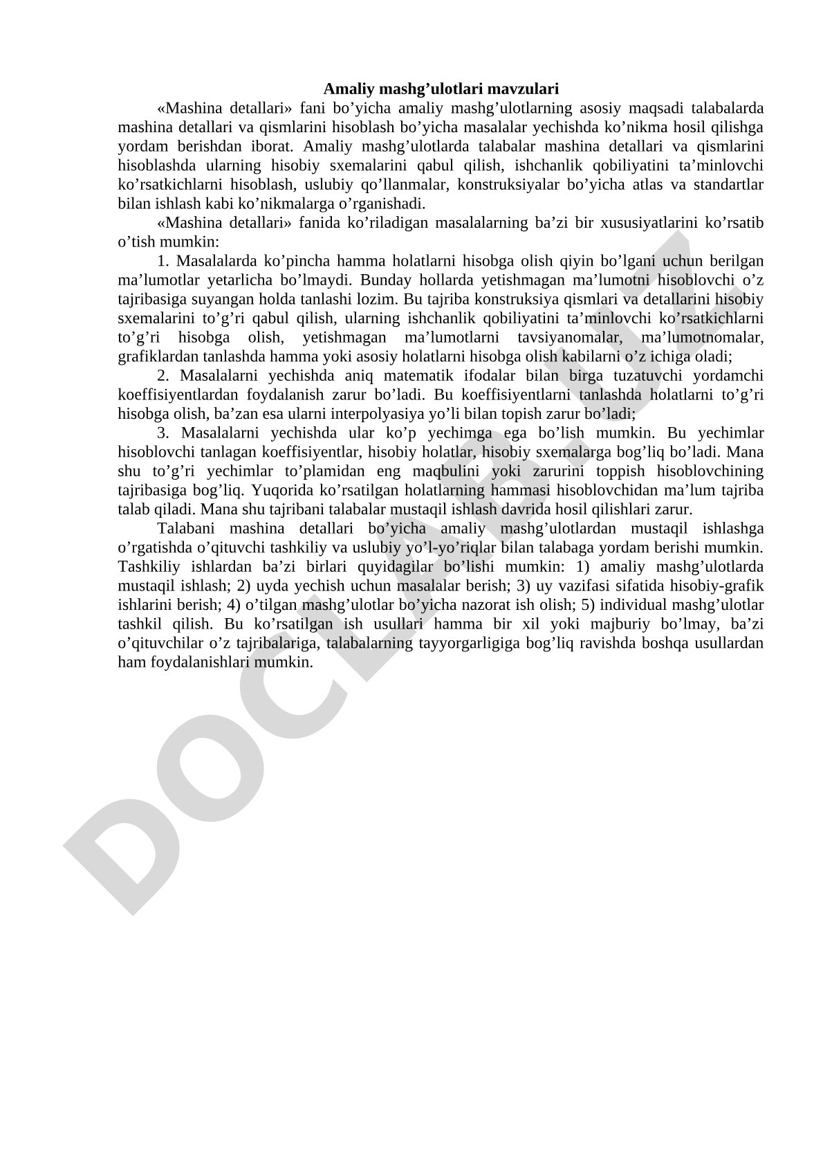 Amaliy mashg’ulotlari mavzulari «Mashina detallari» fani bo’yicha