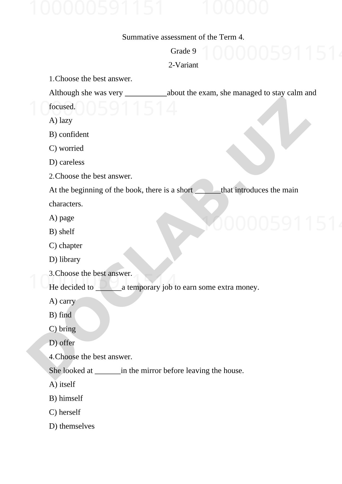 Summative Assessment Grade 9 Term 4 Variant 2
