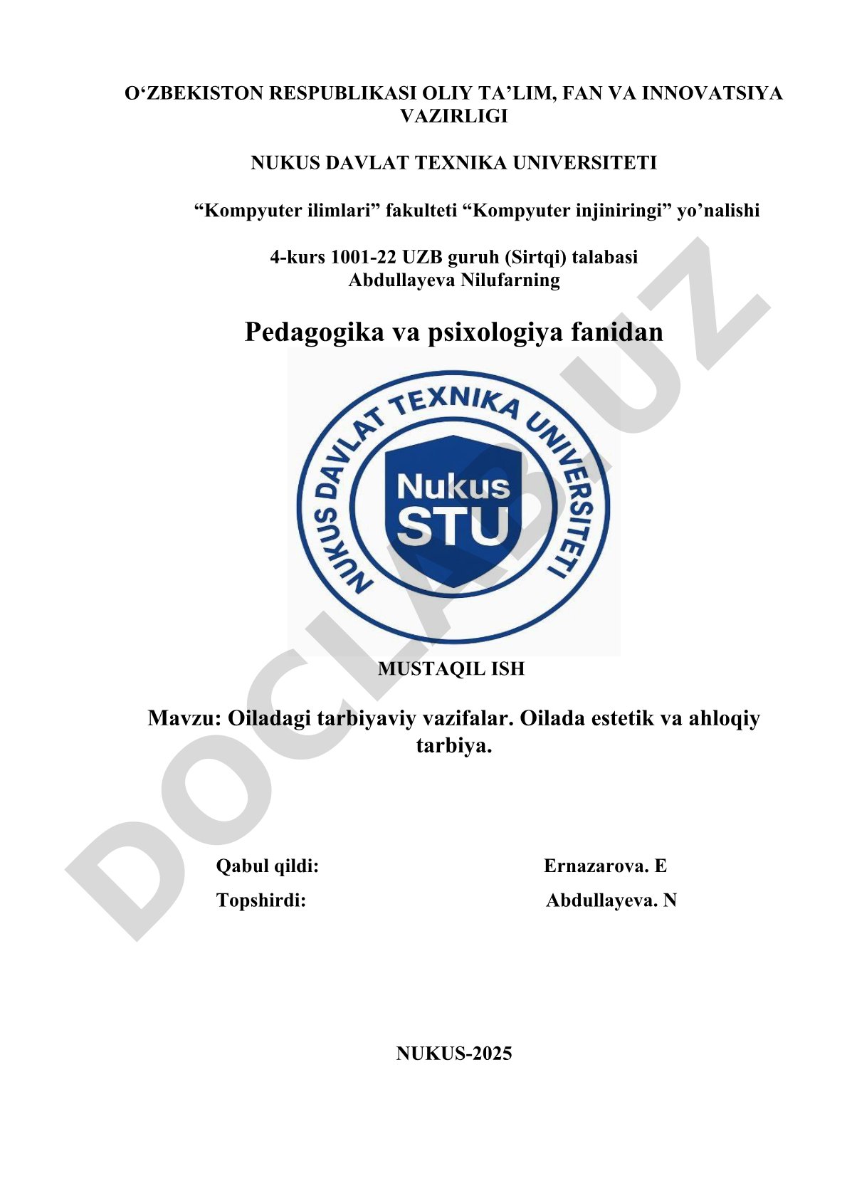 Oiladagi tarbiyaviy vazifalar. Oilada estetik va ahloqiy tarbiya