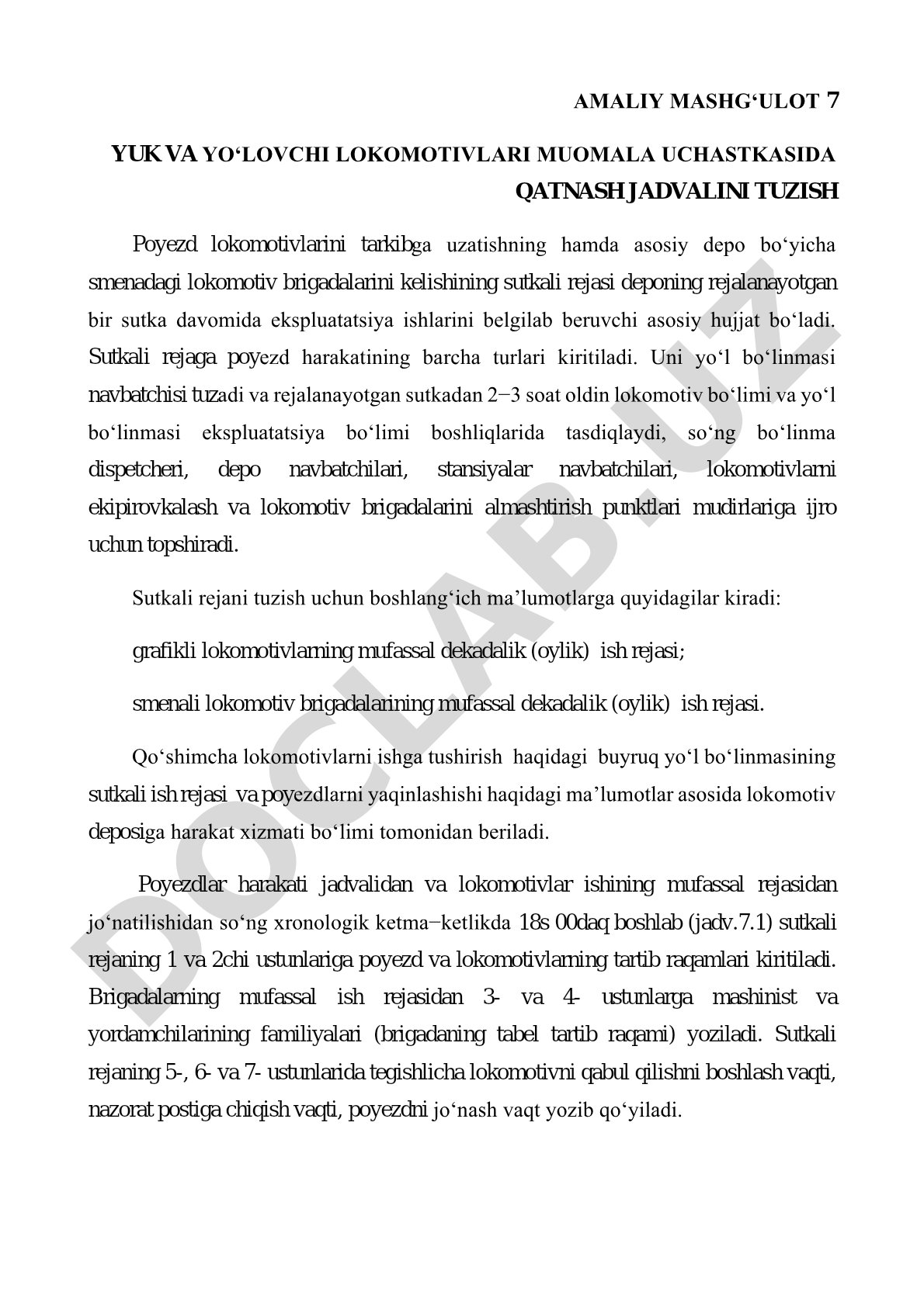 Yuk va yo'lovchi lokomotivlari muomala uchastkasida qatnash jadvalini tuzish